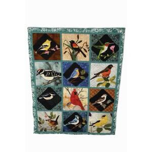 Hand Quilted Bird Applique Quilt 50x65 Cotton Throw Folk Art Cottagecore